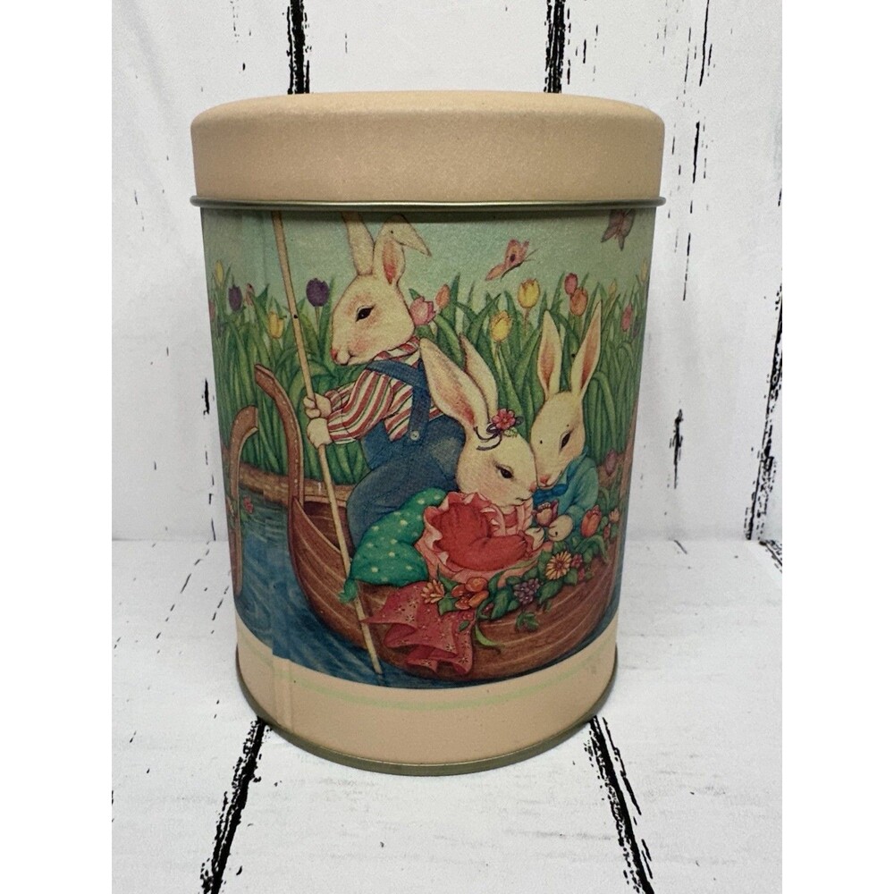 Vintage Rabbit Couple Boating In The Meadows Tin